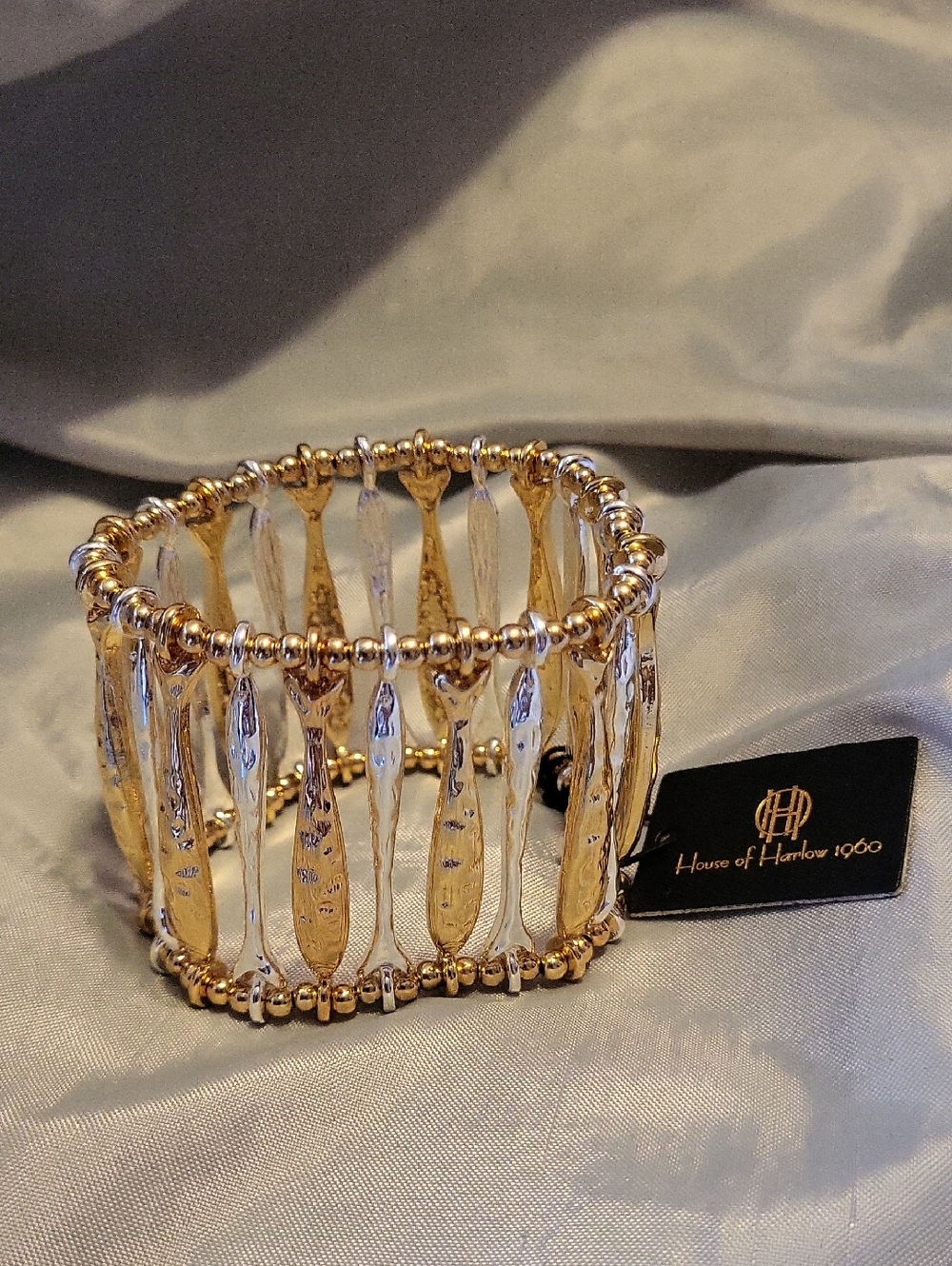 House of Harlow 1960 Fish Shaped Two Tone Gold and Silver Wide Bar Cuff Bracelet